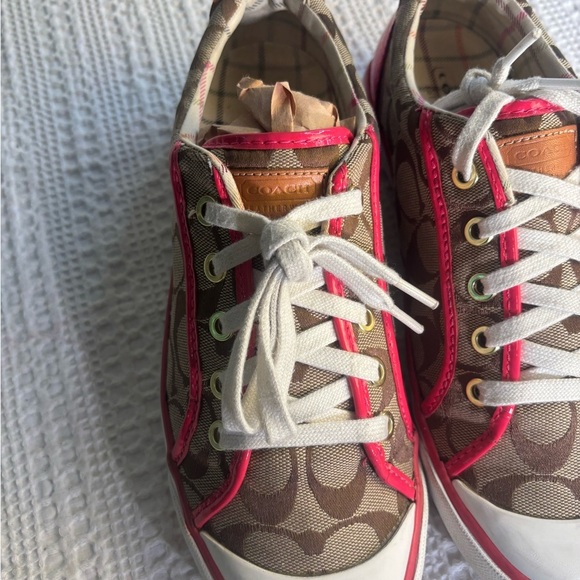 Coach Women's Brown Canvas Signature  Sneakers w/ Red Patent Leather Trim - Picture 3 of 11